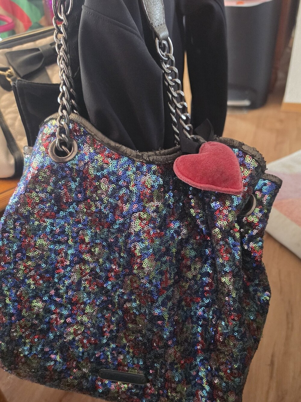 Betsey Johnson Sequin Tote Bag with Red Heart Charm